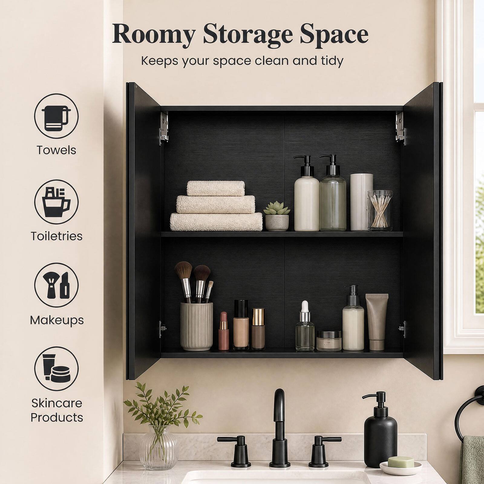 Roomy Storage Space  
Keeps your space clean and tidy

- Towels
- Toiletries
- Makeups
- Skincare Products