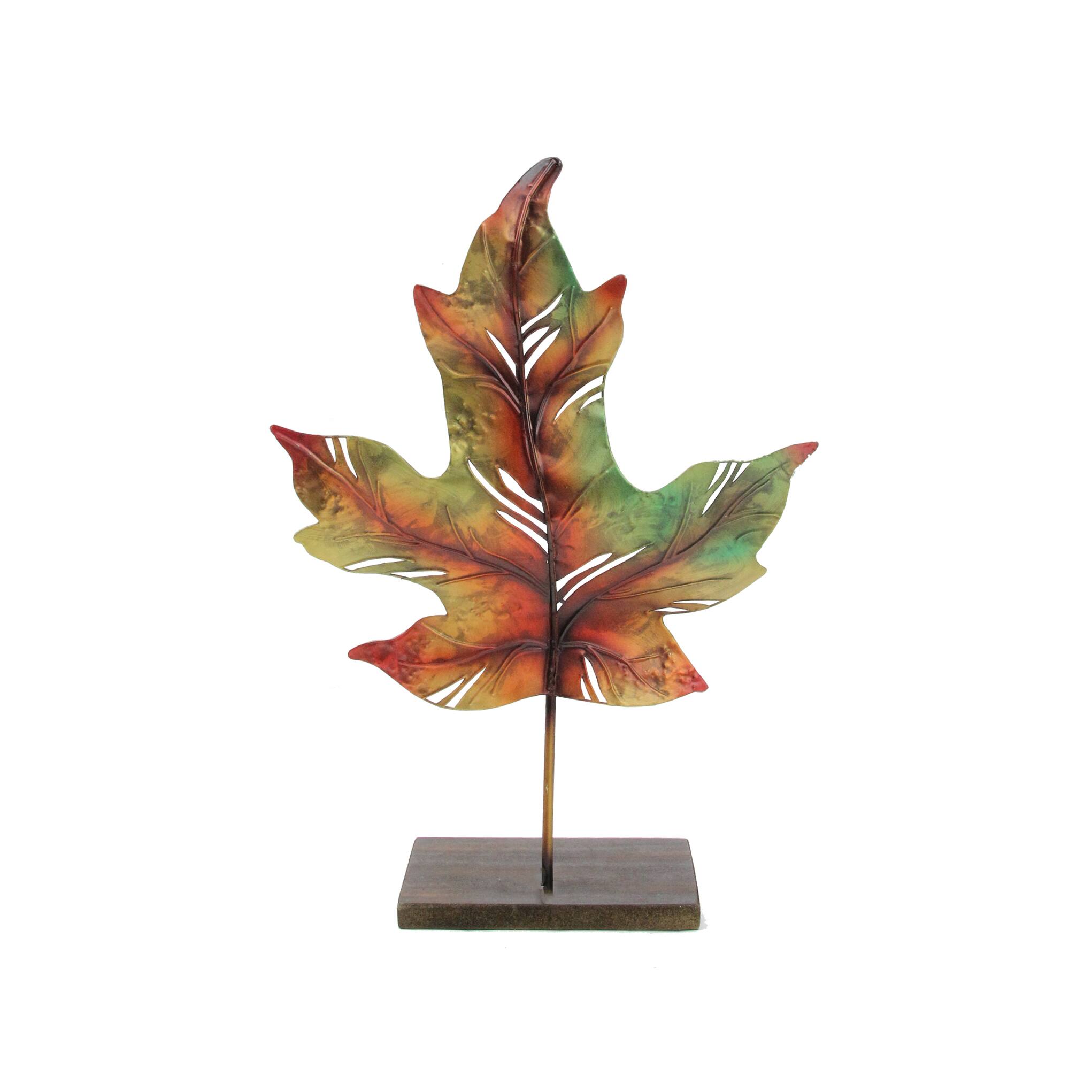 Front. Roman - 14" Green and Brown Autumn Maple Leaf Votive Candle Holder - Green.