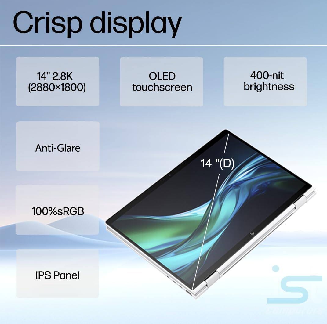 Crisp display  
14" 2.8K (2880x1800) OLED touchscreen  
400-nit brightness  
Anti-Glare  
100%sRGB IPS Panel