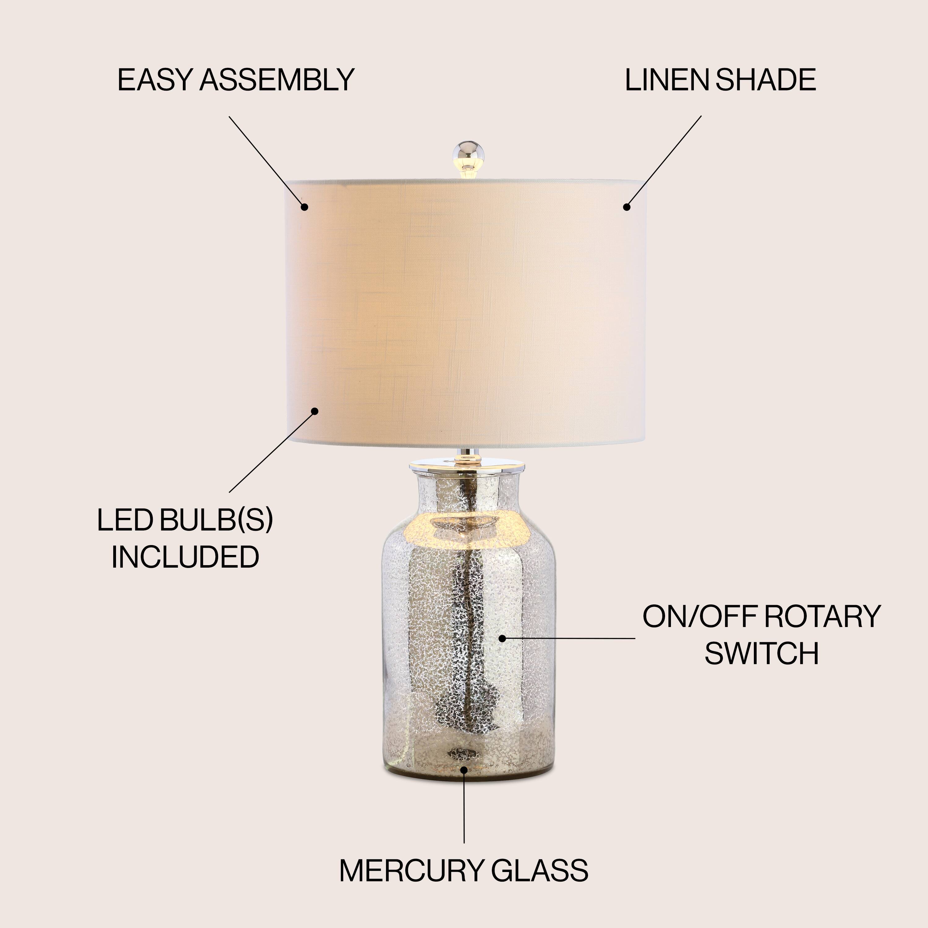 EASY ASSEMBLY  
LINEN SHADE  
LED BULB(S) INCLUDED  
ON/OFF ROTARY SWITCH  
MERCURY GLASS