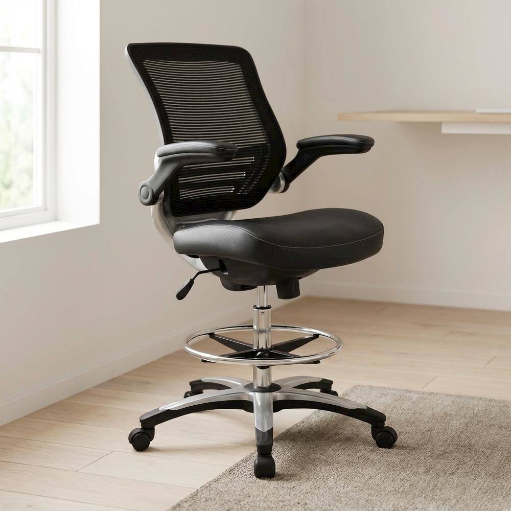 Angle. FurniFact - Bicast Leather Drafting Chair with Armrest and Adjustable Height for Office Use - Black.