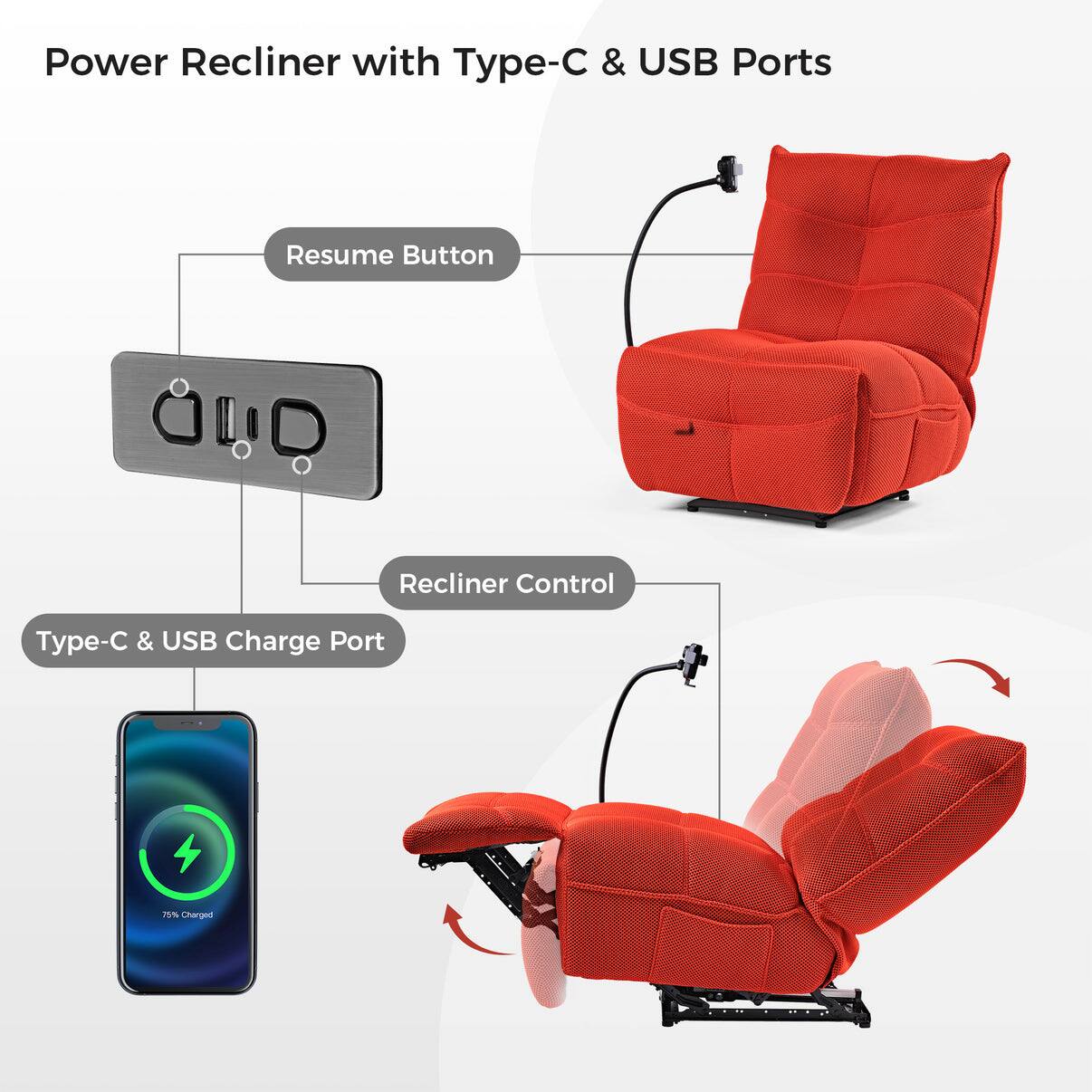 Power Recliner with Type-C & USB Ports, Resume Button, Recliner Control, Type-C & USB Charge Port, 75% Charged