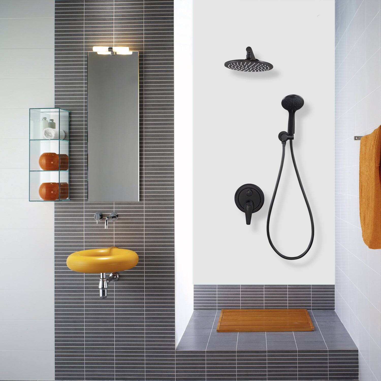 Alt View 4. Boyel Living - 5-Spray Patterns with 2.66 GPM 9 in. Wall Mount Dual Shower Heads with Pressure Balance Round-In Valve in Matte Black - Matte Black.