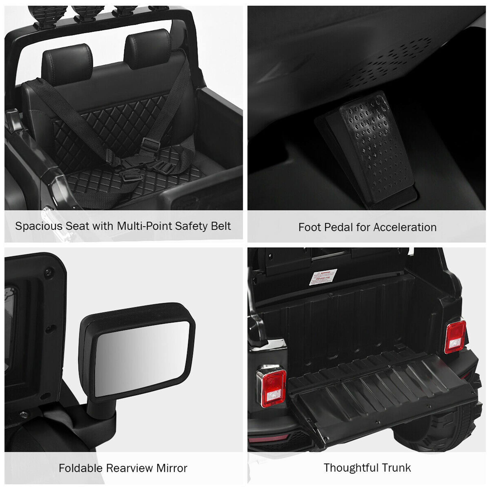 1. Spacious Seat with Multi-Point Safety Belt
2. Foot Pedal for Acceleration
3. Foldable Rearview Mirror
4. Thoughtful Trunk