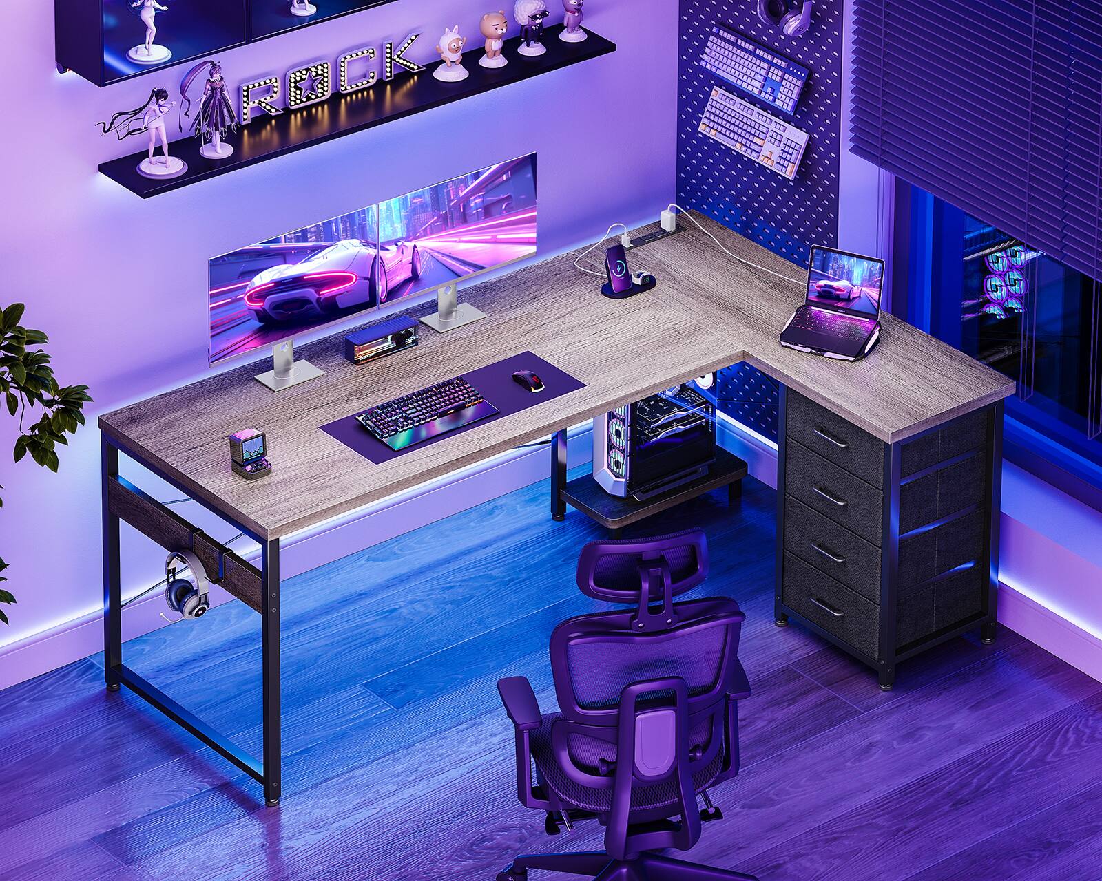 Alt View 2. AODK - Reversible L-Shaped Desk with 4-Tier Drawers, Power Outlets, USB Charging Port and Host Stand - Grey Oak.