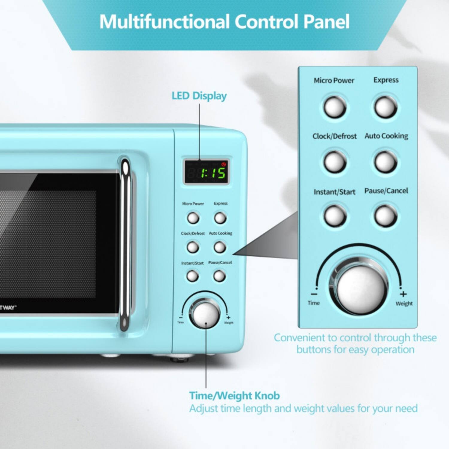 Multifunctional Control Panel LED Display

- Micro Power
- Express
- Clock/Defrost
- Auto Cooking
- Instant/Start
- Pause/Cancel

Time/Weight Knob
Adjust time length and weight values for your need

Convenient to control through these buttons for easy operation
