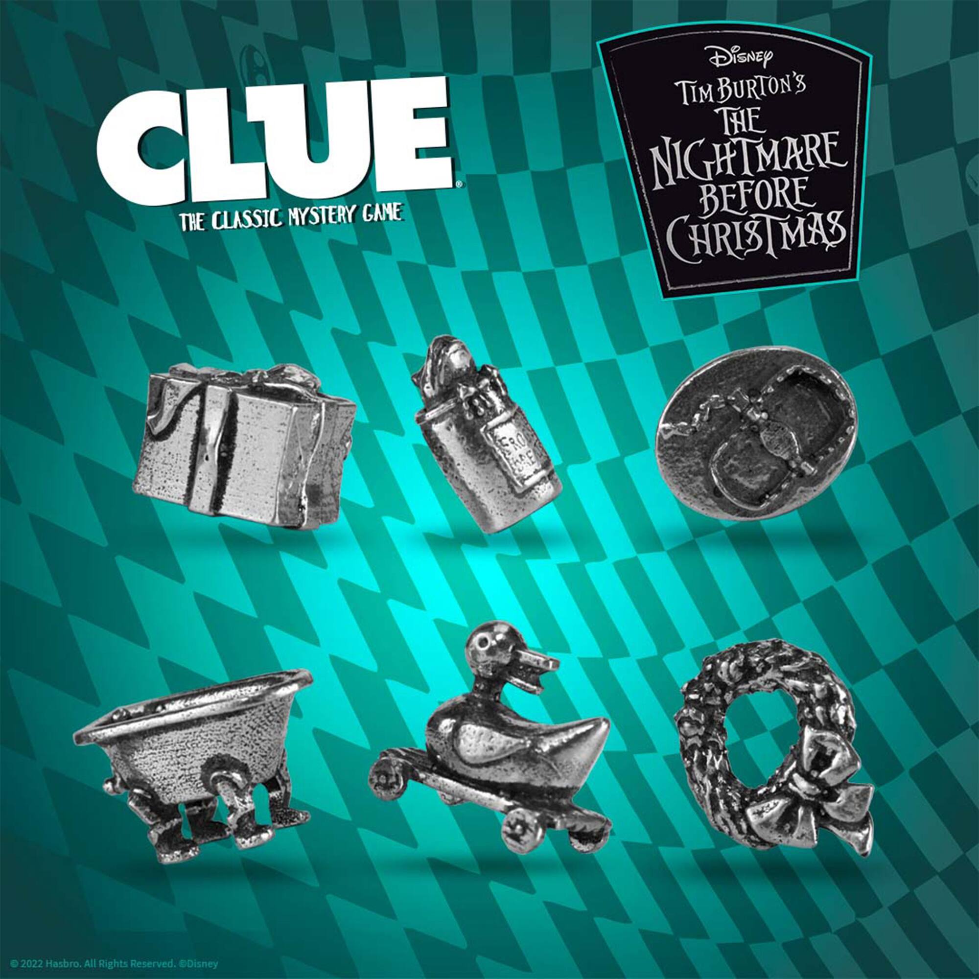 The image features a collection of silver and gold pins, including a rubber ducky, a skateboard, and a bat. These pins are part of a Clue game, which is a classic mystery game. The game is inspired by Tim Burton's The Nightmare Before Christmas. The pins are displayed on a checkered background, and the image is copyrighted by Hasbro in 2022.