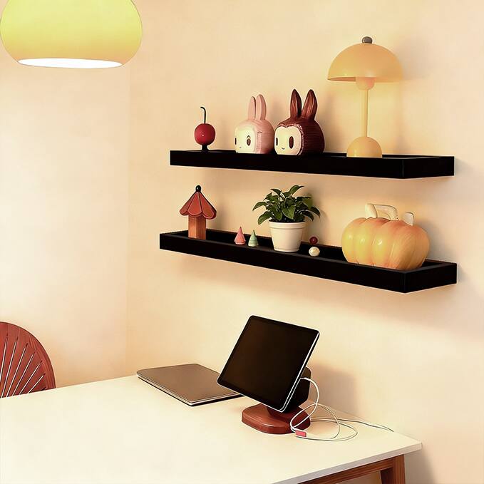 Alt View 1. BOMEDA - 2 Pack 24 in Floating Shelves, Wooden Wall Shelf for Bedroom Living Room Kitchen, Bathroom Shelves with Raised Lip - Black.