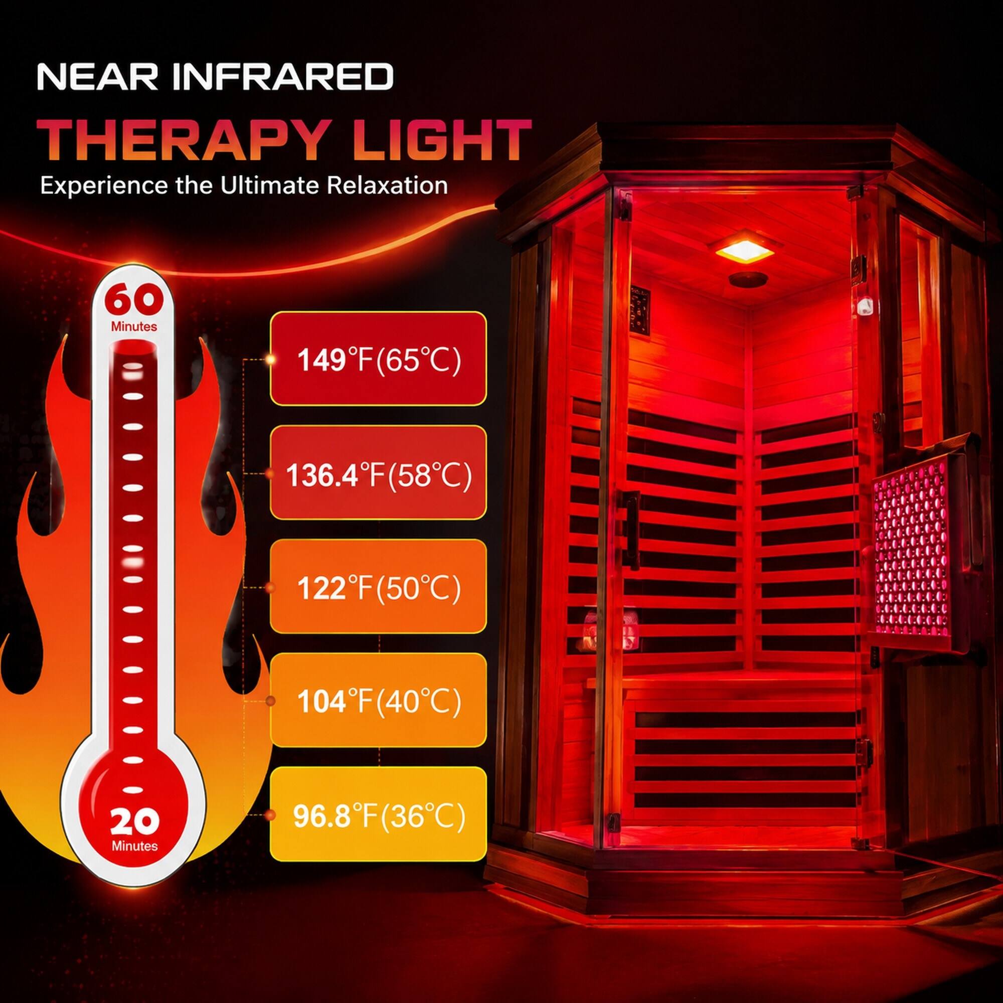 NEAR INFRARED THERAPY LIGHT  
Experience the Ultimate Relaxation  

60 Minutes  
149°F (65°C)  
136.4°F (58°C)  
122°F (50°C)  
104°F (40°C)  
20 Minutes  
96.8°F (36°C)