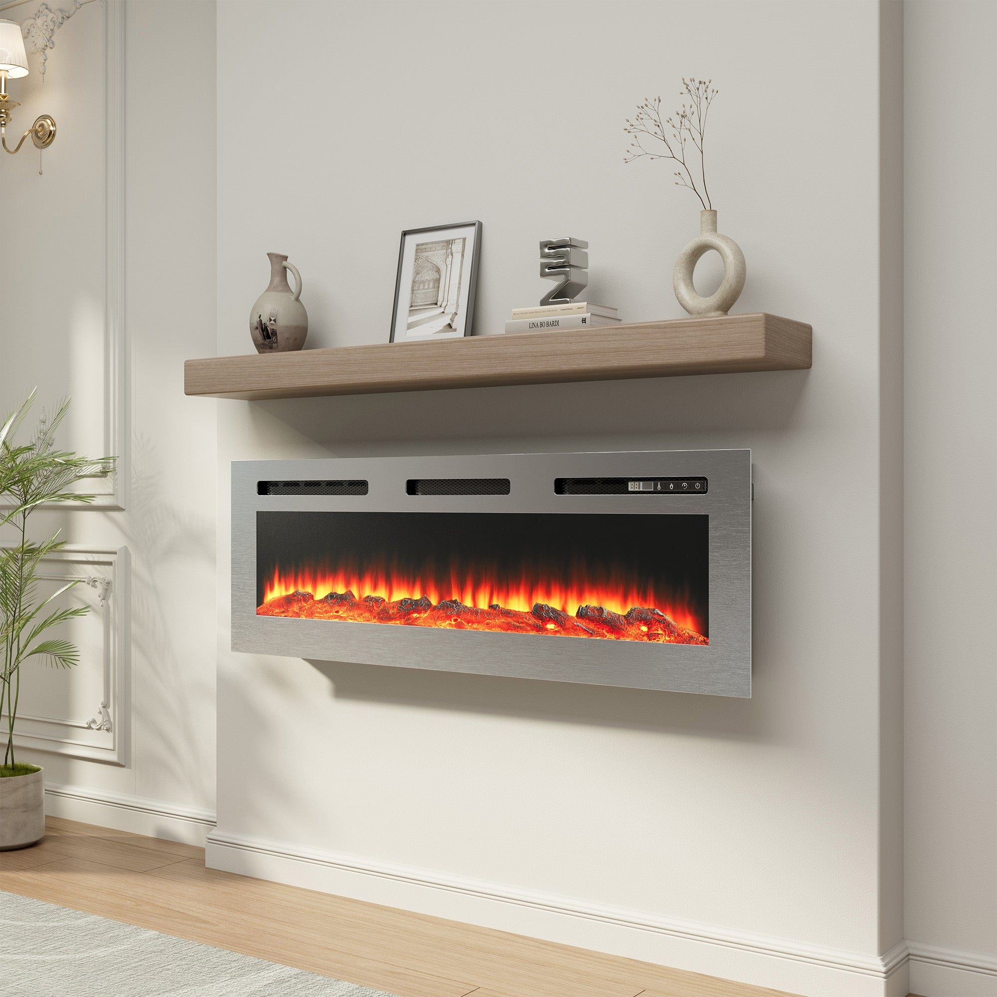 Front. Boyel Living - 50 in. Wall Mounted and Recessed Stainless Steel Electric Fireplace - Silver.