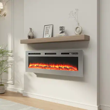 Front. Boyel Living - 50 in. Wall Mounted and Recessed Stainless Steel Electric Fireplace - Silver.