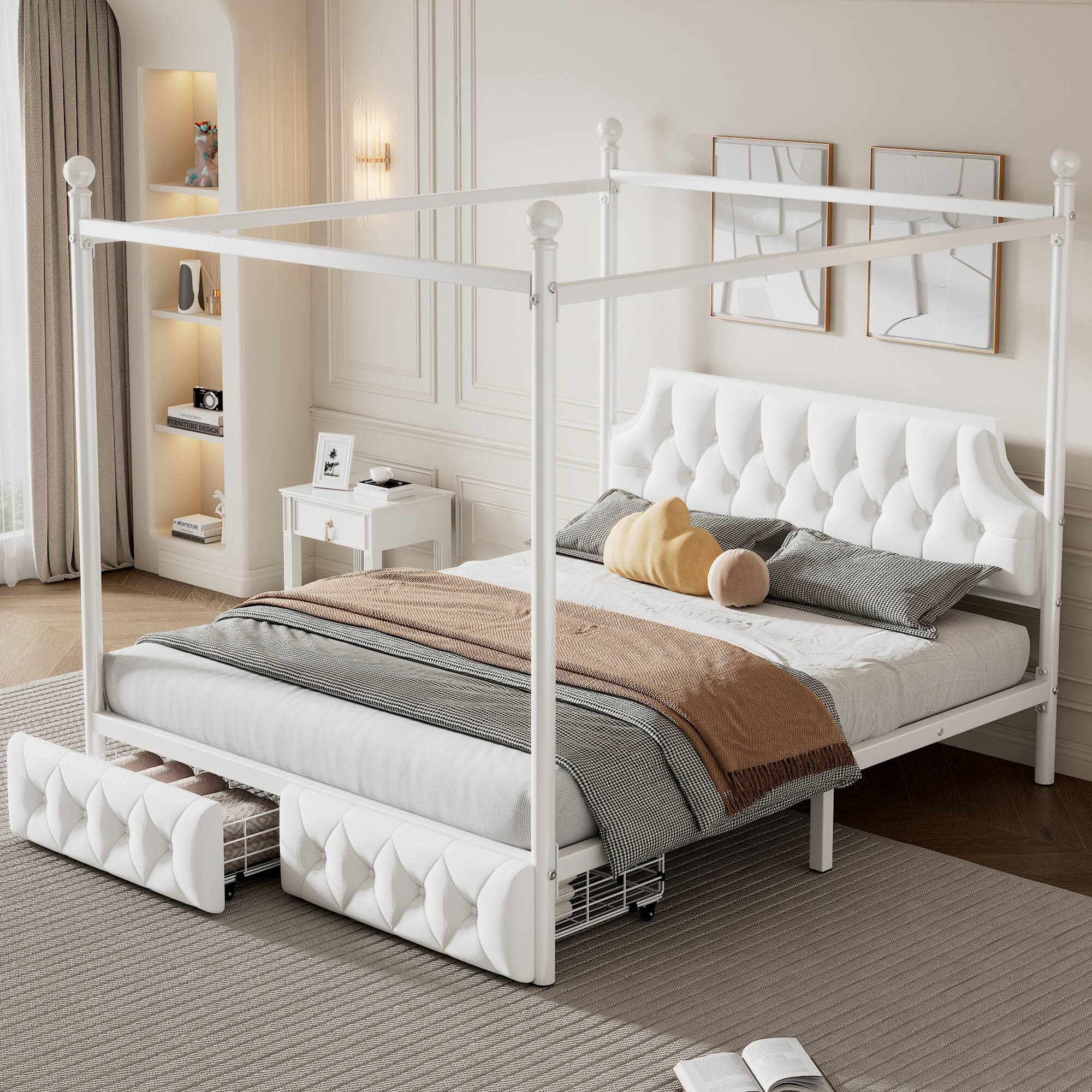 Left. LUCKY ONE - Queen Size Metal Canopy Platform Bed with Upholstered Headboard and Two Storage Drawers - White.