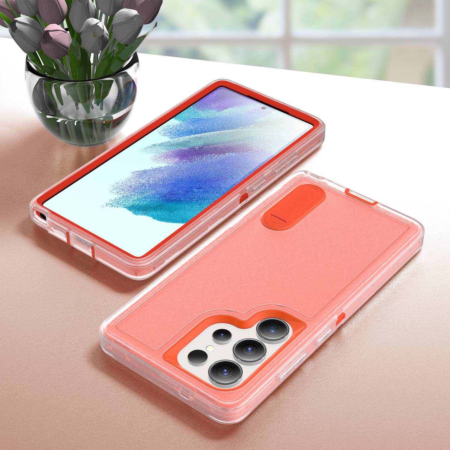 Alt View 3. Dteck - Heavy Duty Case for Samsung Galaxy S25 Ultra w/ Foldable Kickstand,Dual-Layer Shockproof Hard PC Soft Silicone Cover - Clear/Orange.