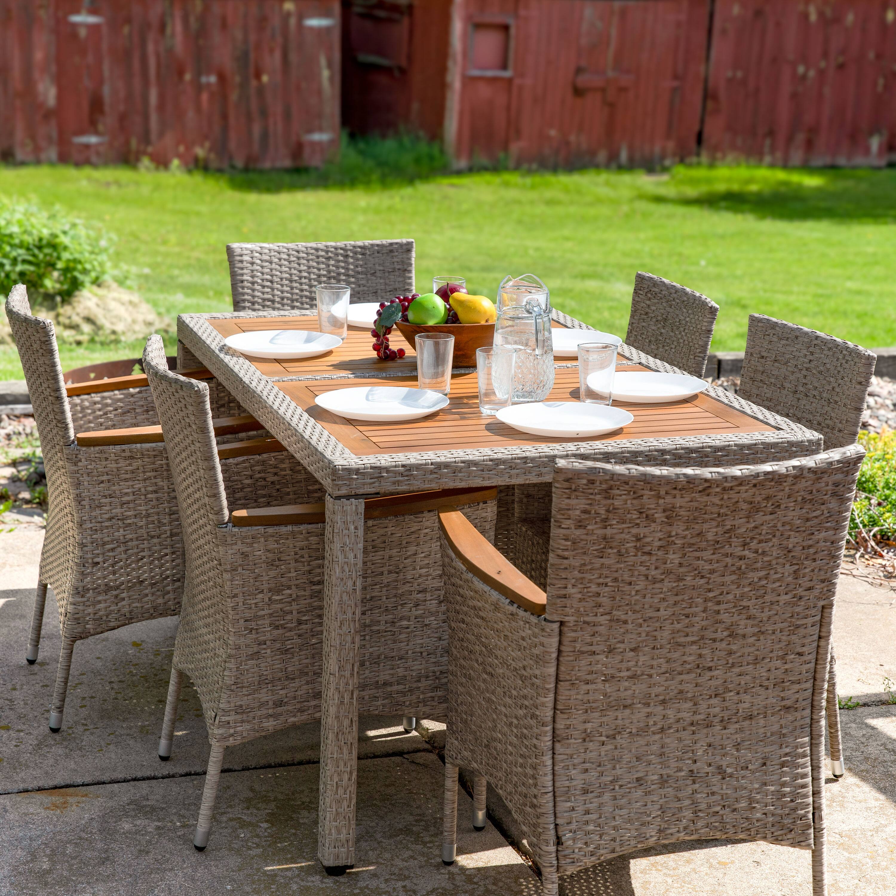 Alt View 1. Sunnydaze - Foxford Acacia Wood and Resin Rattan 7-Piece Patio Dining Set - Brown.