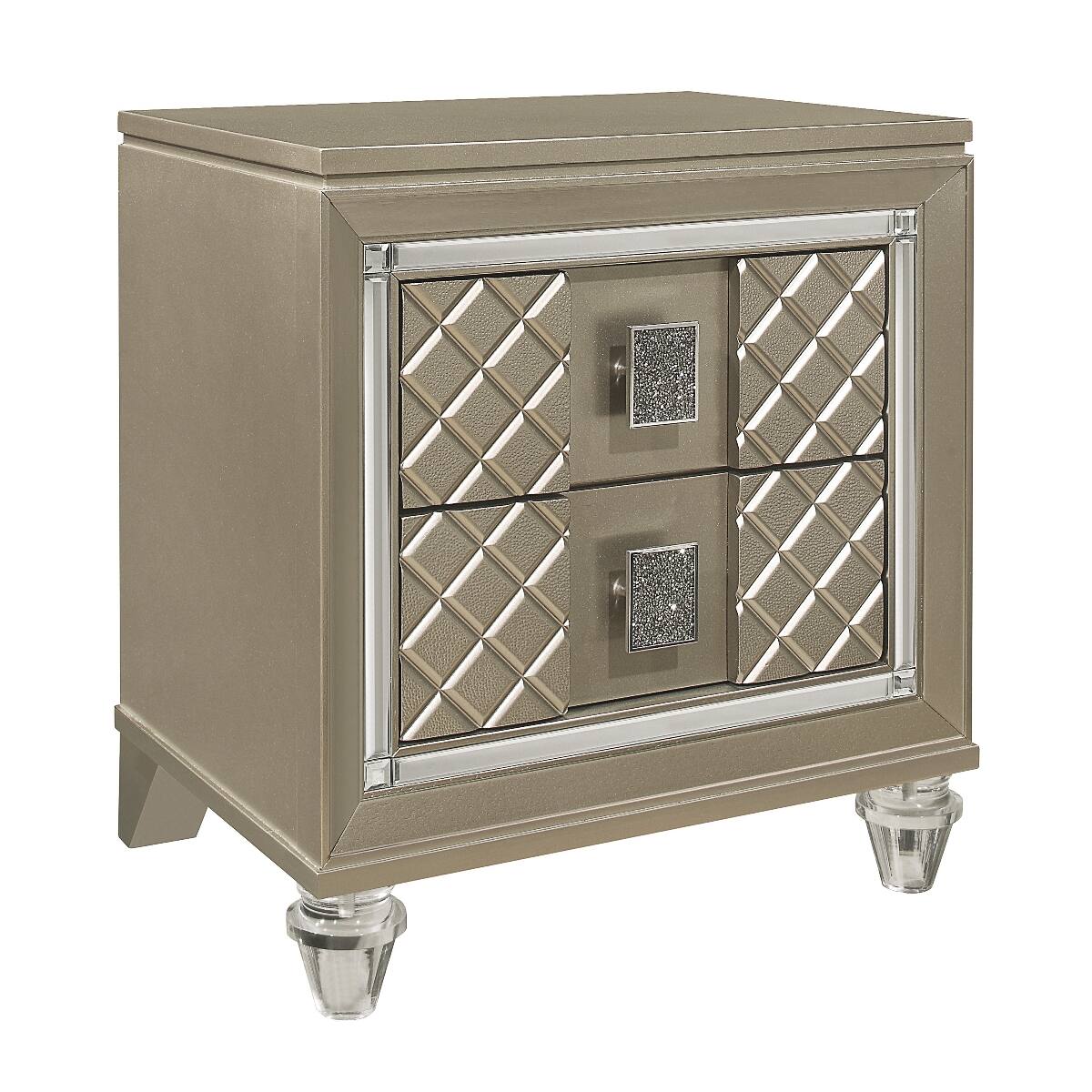 Left. Loheer - Loheer Champagne Nightstand with Two Drawers, Beveled Mirror Trim and Acrylic Feet - Champagne.