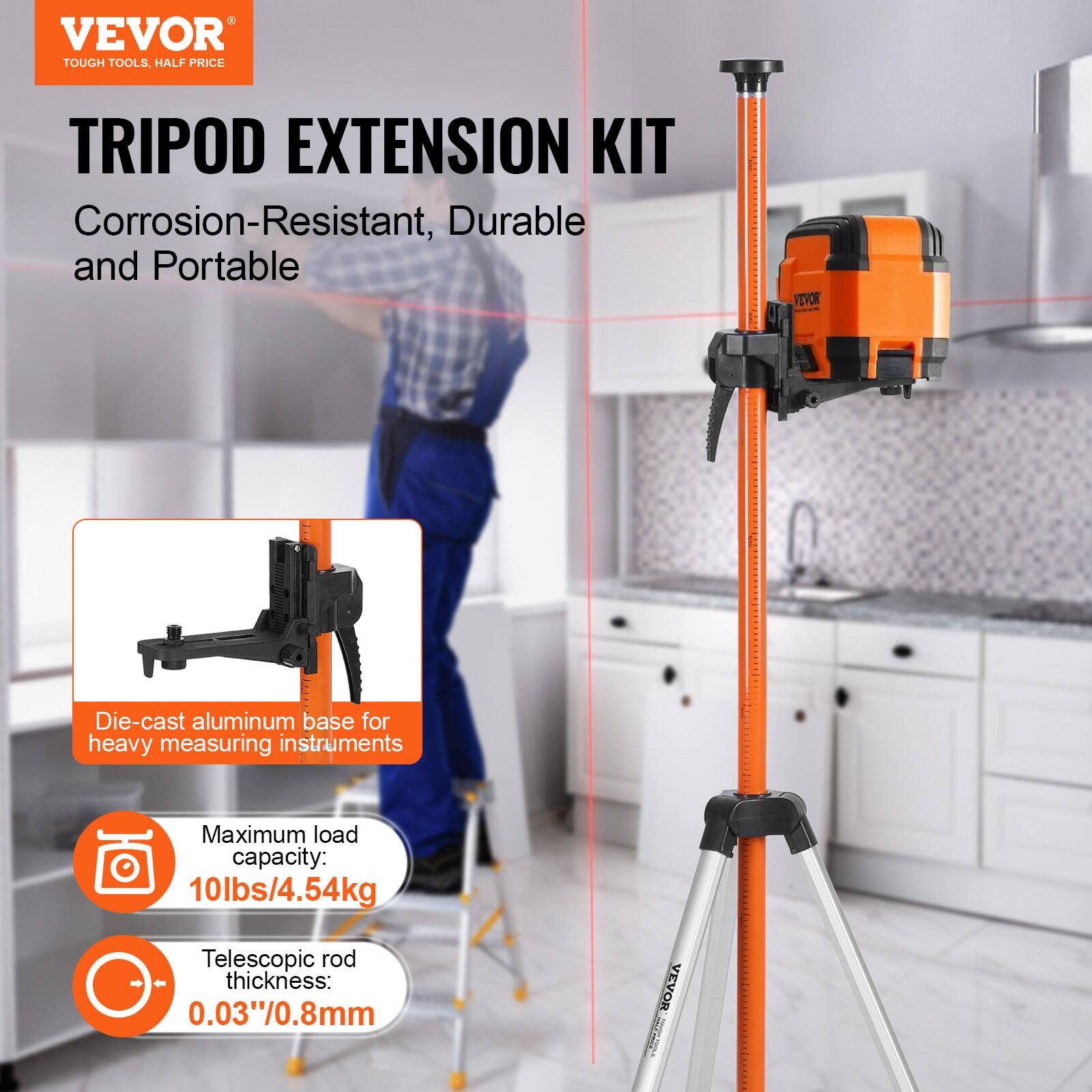 VEVOR TOUGH TOOLS, HALF PRICE

TRIPOD EXTENSION KIT

Corrosion-Resistant, Durable and Portable

VEVOR Die-cast aluminum base for heavy measuring instruments

Maximum load capacity: 10lbs/4.54kg

Telescopic rod thickness: 0.03"/0.8mm