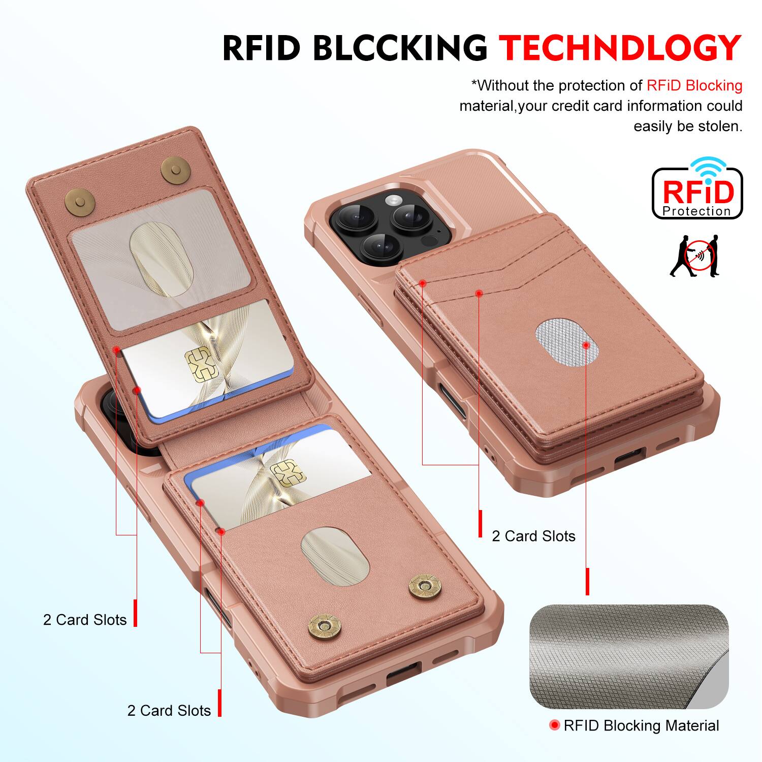 RFID BLOCKING TECHNOLOGY

*Without the protection of RFID Blocking material, your credit card information could easily be stolen.

RFID Protection

2 Card Slots

2 Card Slots

2 Card Slots

RFID Blocking Material
