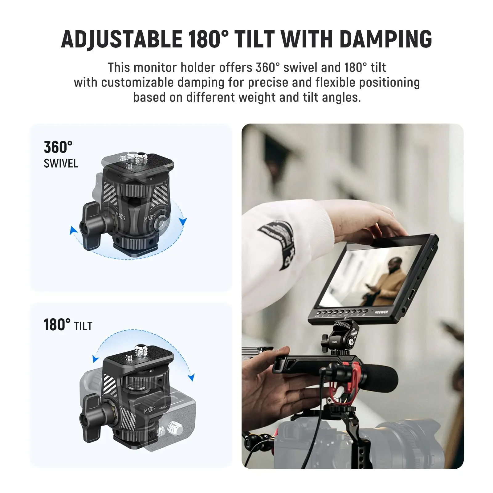 ADJUSTABLE 180° TILT WITH DAMPING

This monitor holder offers 360° swivel and 180° tilt with customizable damping for precise and flexible positioning based on different weight and tilt angles.

360° SWIVEL

180° TILT