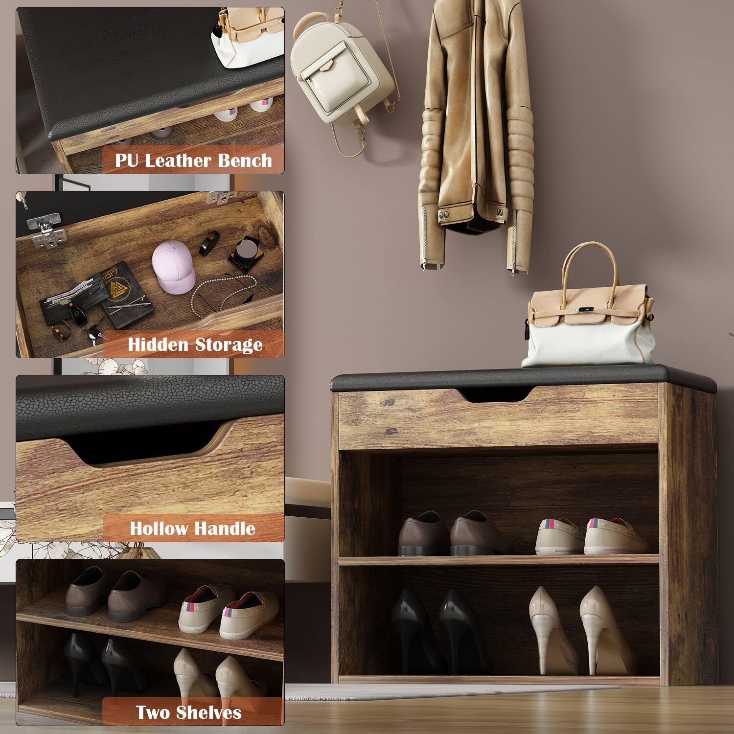 PU Leather Bench, Hidden Storage, Hollow Handle, Two Shelves