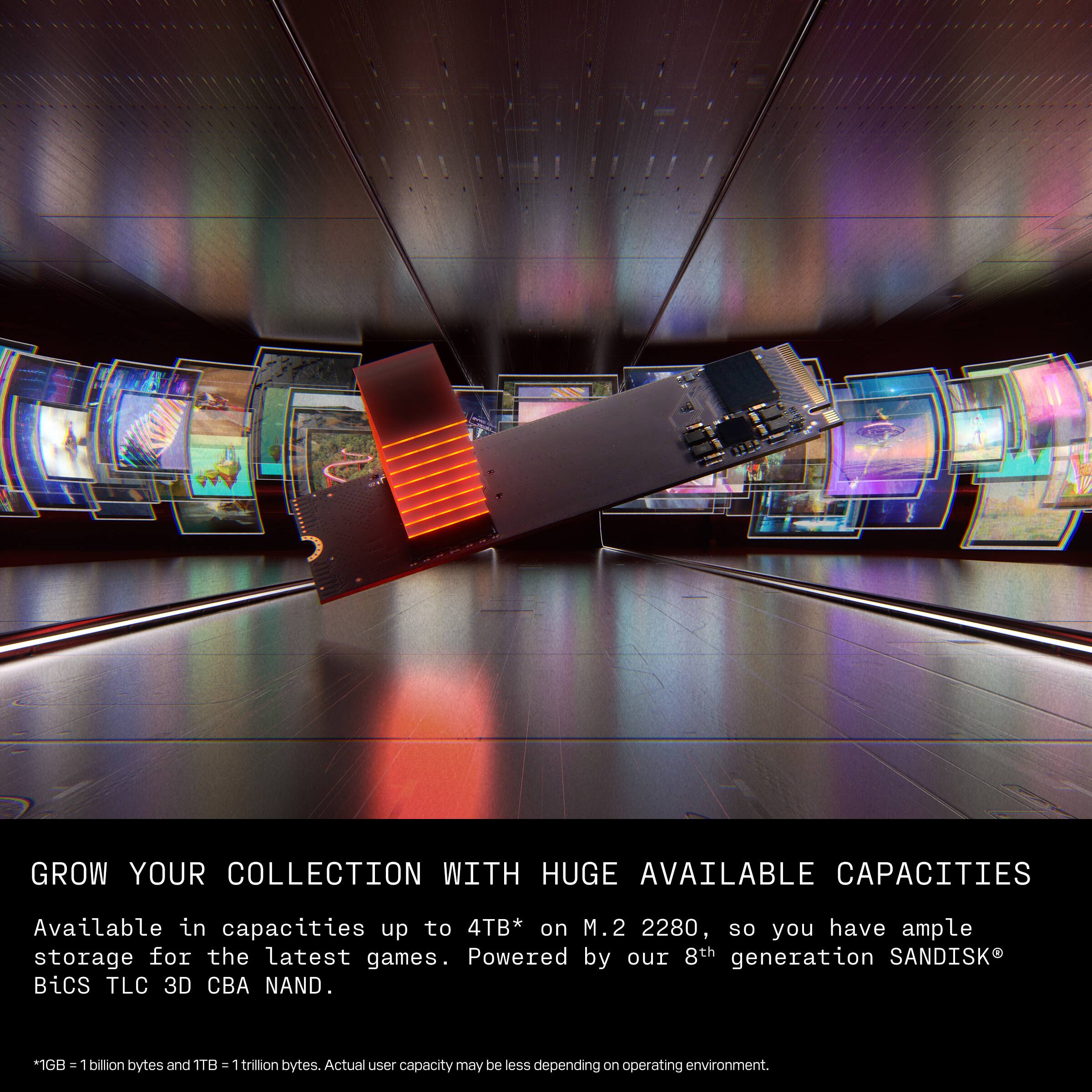 GROW YOUR COLLECTION WITH HUGE AVAILABLE CAPACITIES

Available in capacities up to 4TB* on M.2 2280, so you have ample storage for the latest games. Powered by our 8th generation SANDISK® BiCS TLC 3D CBA NAND.

*1GB = 1 billion bytes and 1TB = 1 trillion bytes. Actual user capacity may be less depending on operating environment.