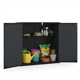 Costway - Outdoor Storage Shed, Cu.ft All-Weather Storage Box with Floor, Lockable Door - Black