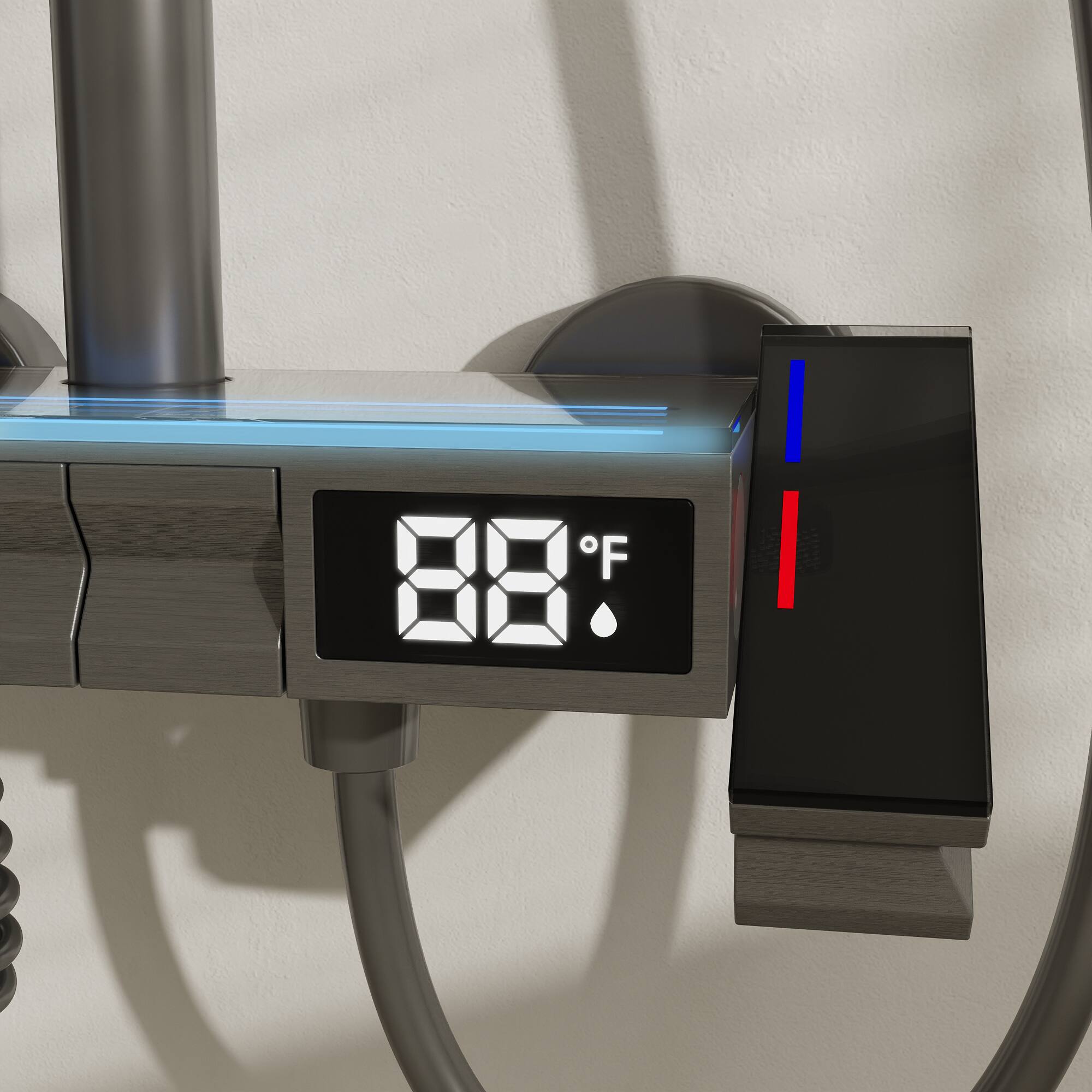 Alt View 5. Famapy - LED Thermostatic Shower System with 3-Mode Handheld Spray, 4-Function Piano Button Rainfall Shower Combo - Gunmetal Gray.