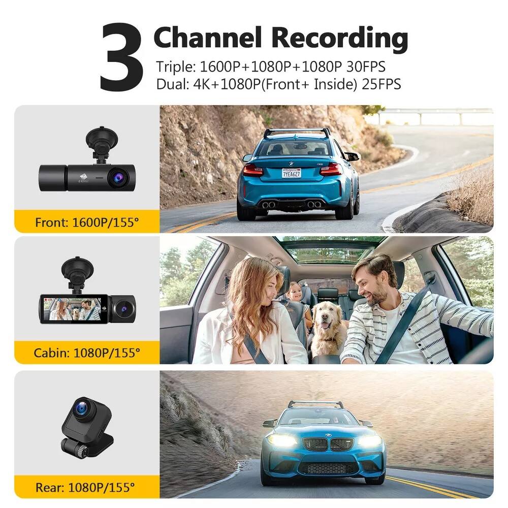 Channel Recording 3
Triple: 1600P+1080P+1080P
Dual: 4K+1080P(Front+Inside) 25FPS
Front: 1600P/155
Cabin: 1080P/155
Rear: 1080P/155