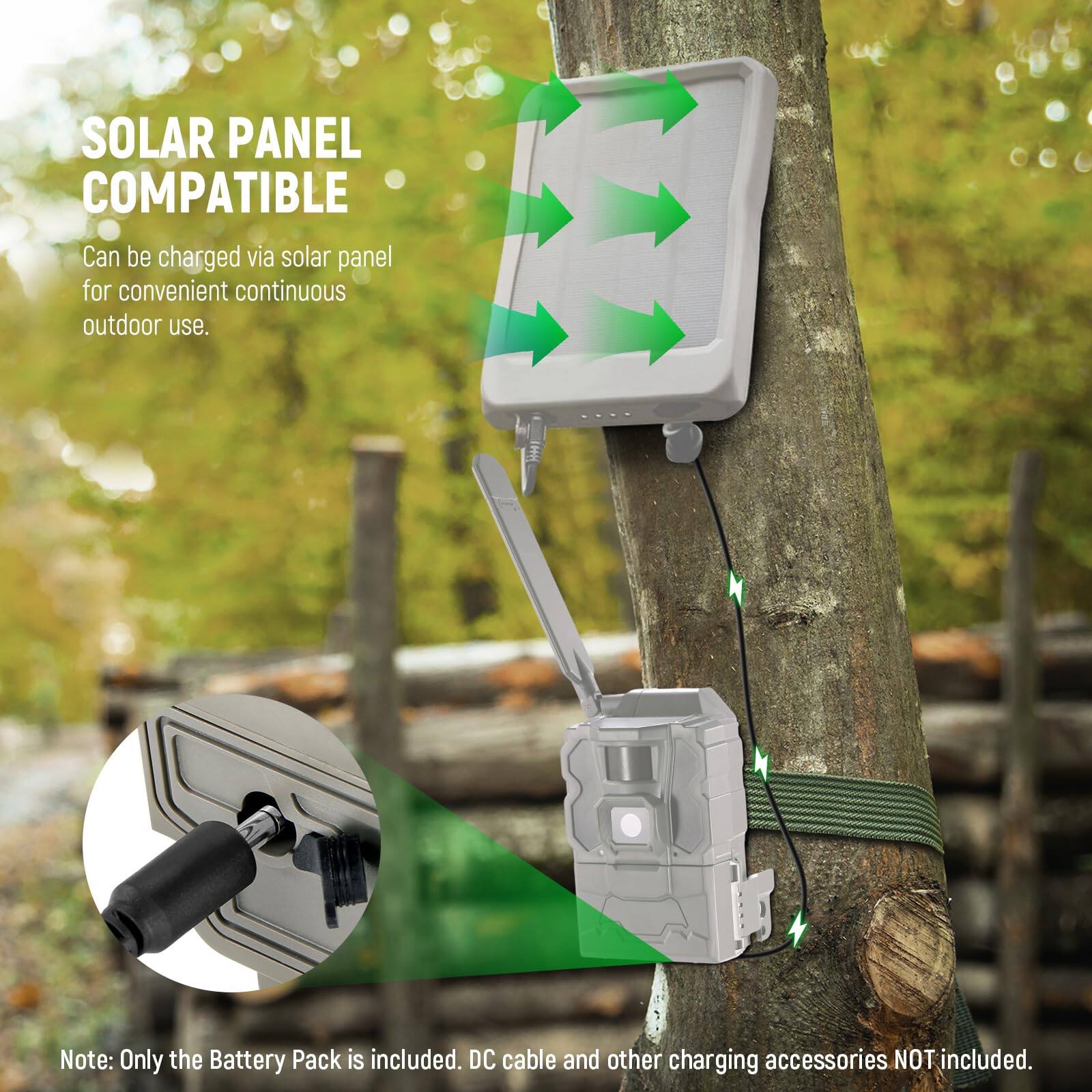 SOLAR PANEL COMPATIBLE  
Can be charged via solar panel for convenient continuous outdoor use.  

Note: Only the Battery Pack is included. DC cable and other charging accessories NOT included.
