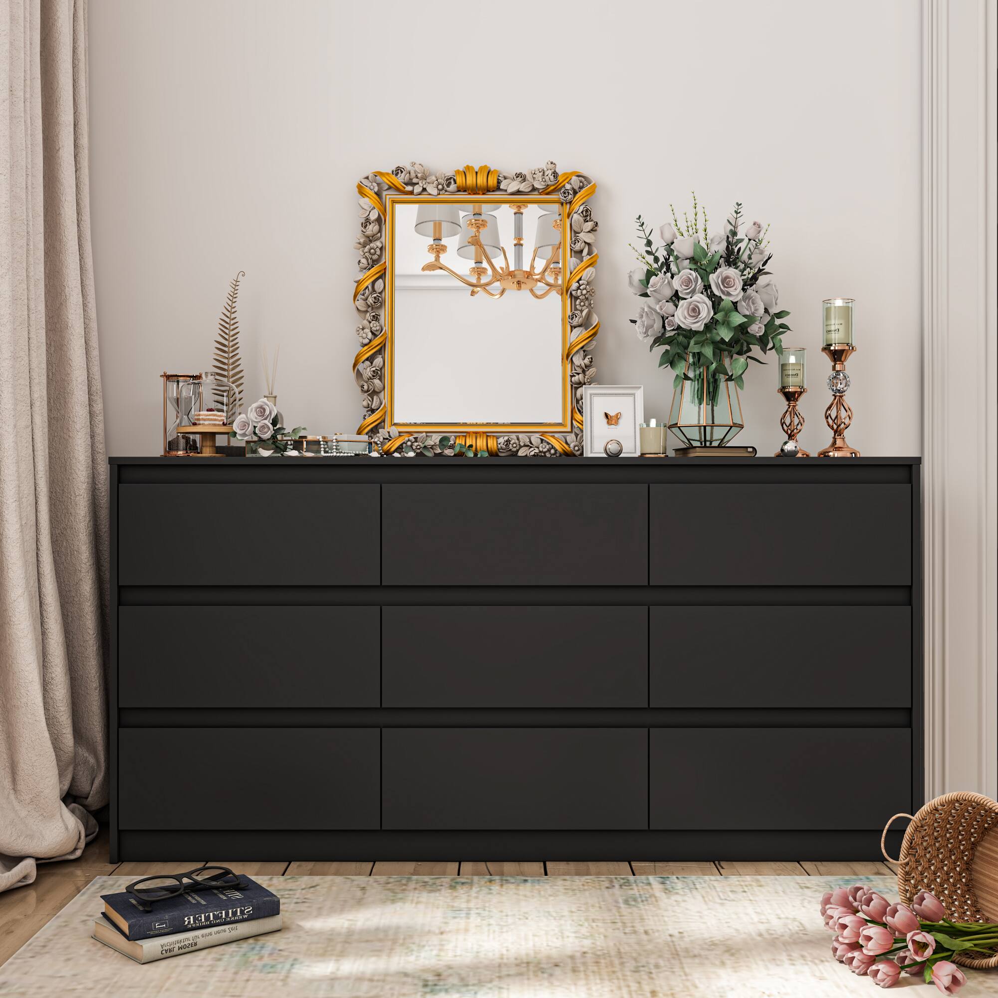 Front. Famapy - Famapy 9 - Drawer Dresser: Elevate Bedroom Elegance with Sleek Storage - Black.