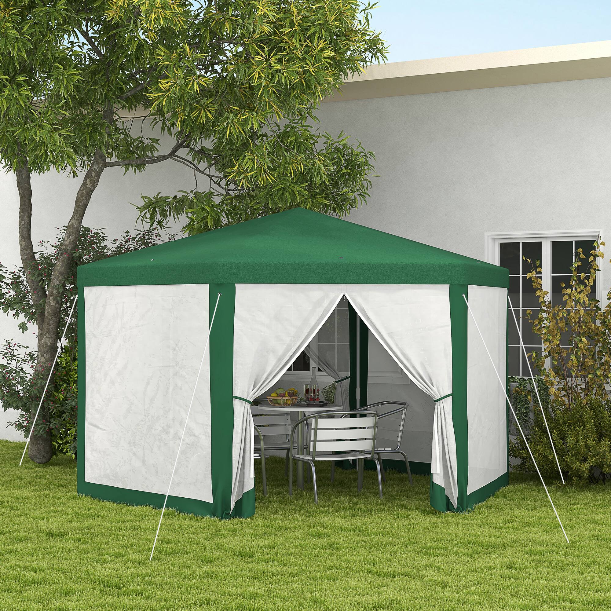 Angle. Outsunny - 13' x 11' Outdoor Party Tent, Hexagon Sun Shade Shelter Canopy with Protective Mesh Screen Sidewalls, Ropes & Stakes - Green.