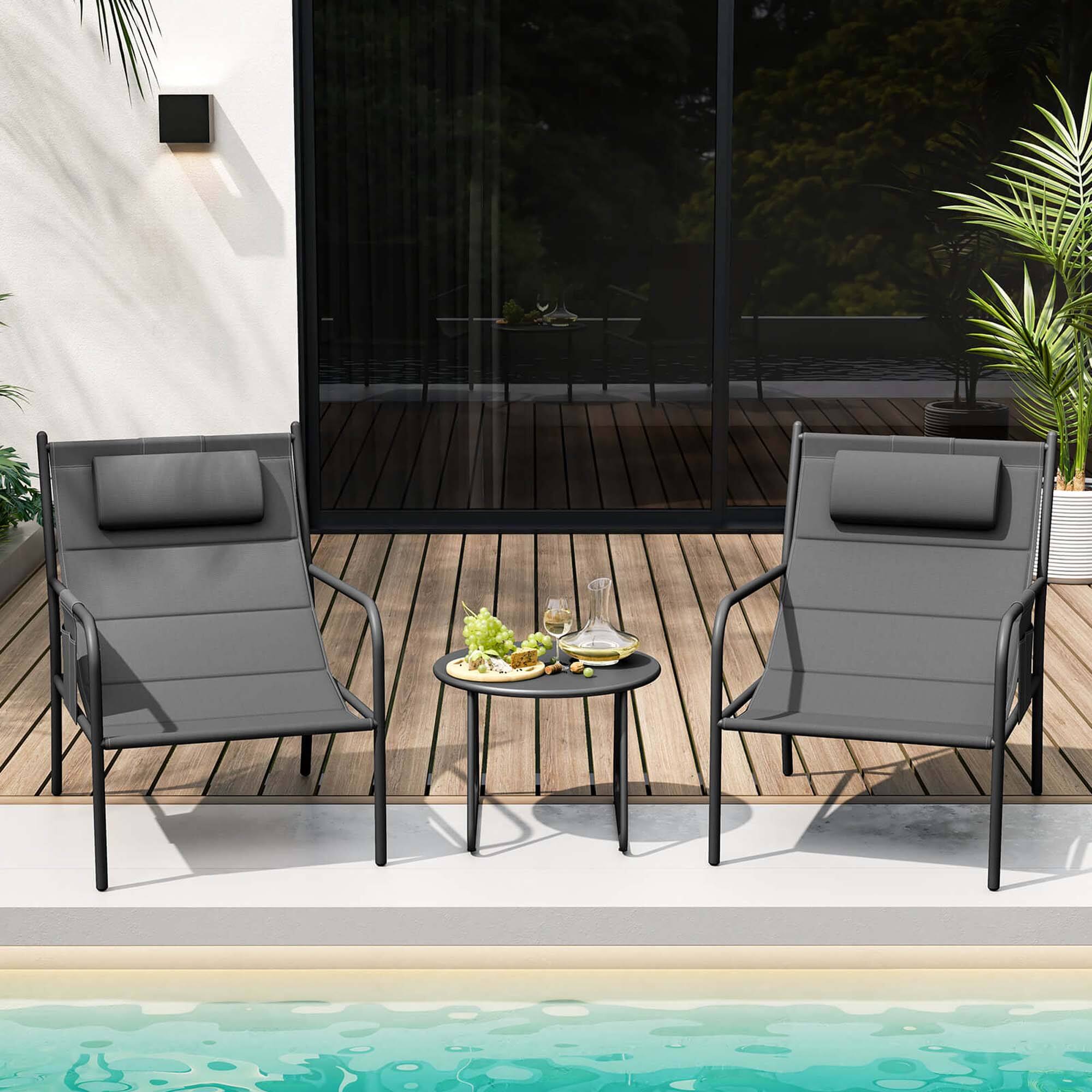 Alt View 1. Costway - Costway 3 PCS Outdoor Bistro Set Breathable Seat Fabric & Cozy Headrest Metal for Yard - Gray.