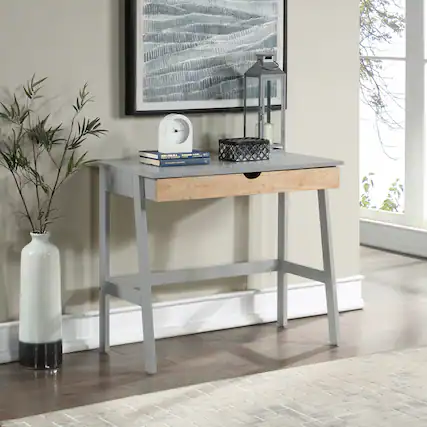 Front. GOODSILO - Modern Home Office Desk with Spacious Drawer for Study and Remote Work, Solid Wood Construction in Gray Finish - Gray.