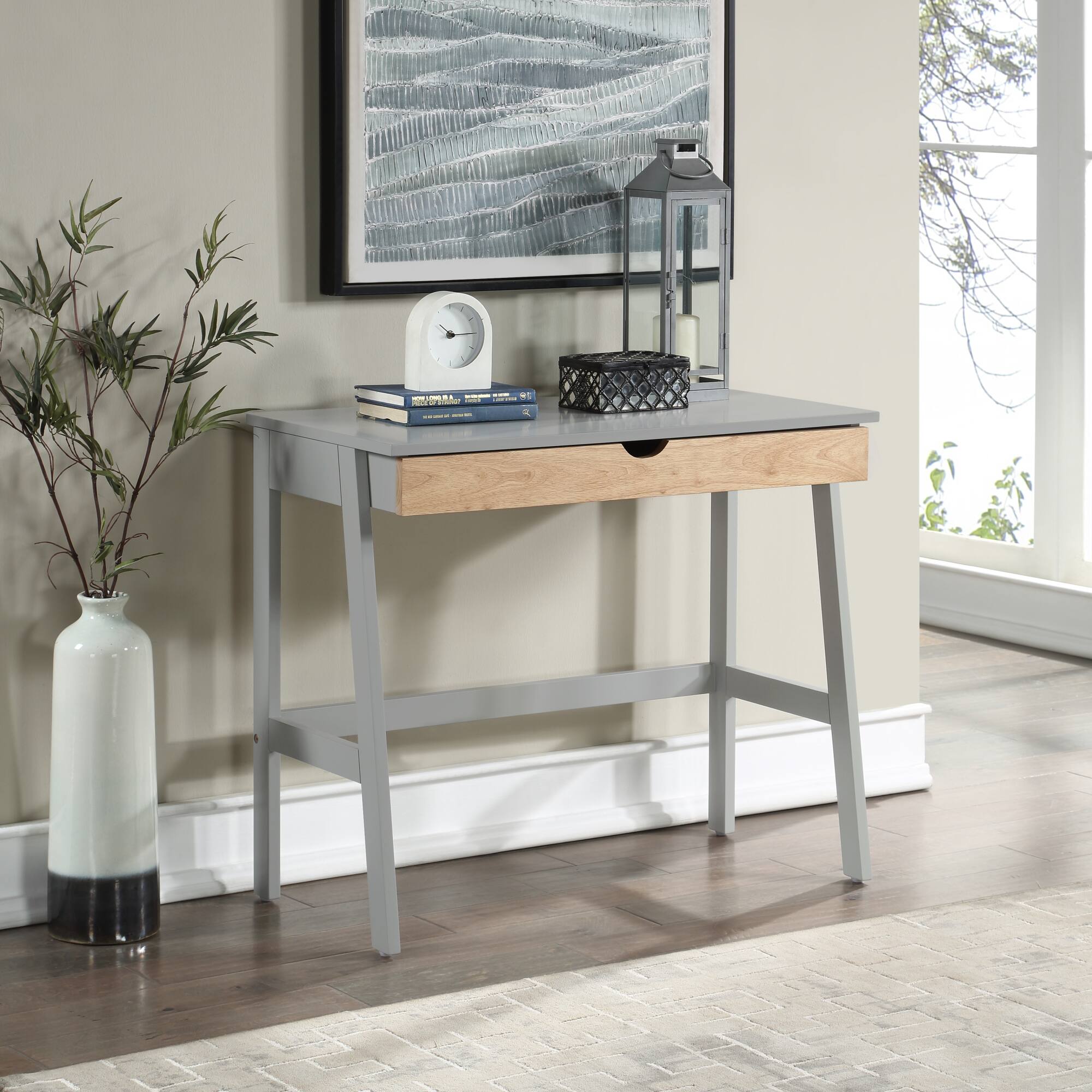 Front. GOODSILO - Modern Home Office Desk with Spacious Drawer for Study and Remote Work, Solid Wood Construction in Gray Finish - Gray.