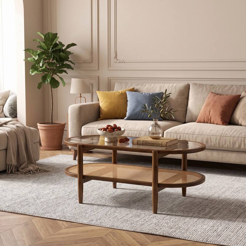 Angle. WELLFOR - 2-Tier Boho Coffee Table with Tempered Glass Tabletop and Acacia Wood Frame,Oval Center Table for Living Room - Brown.