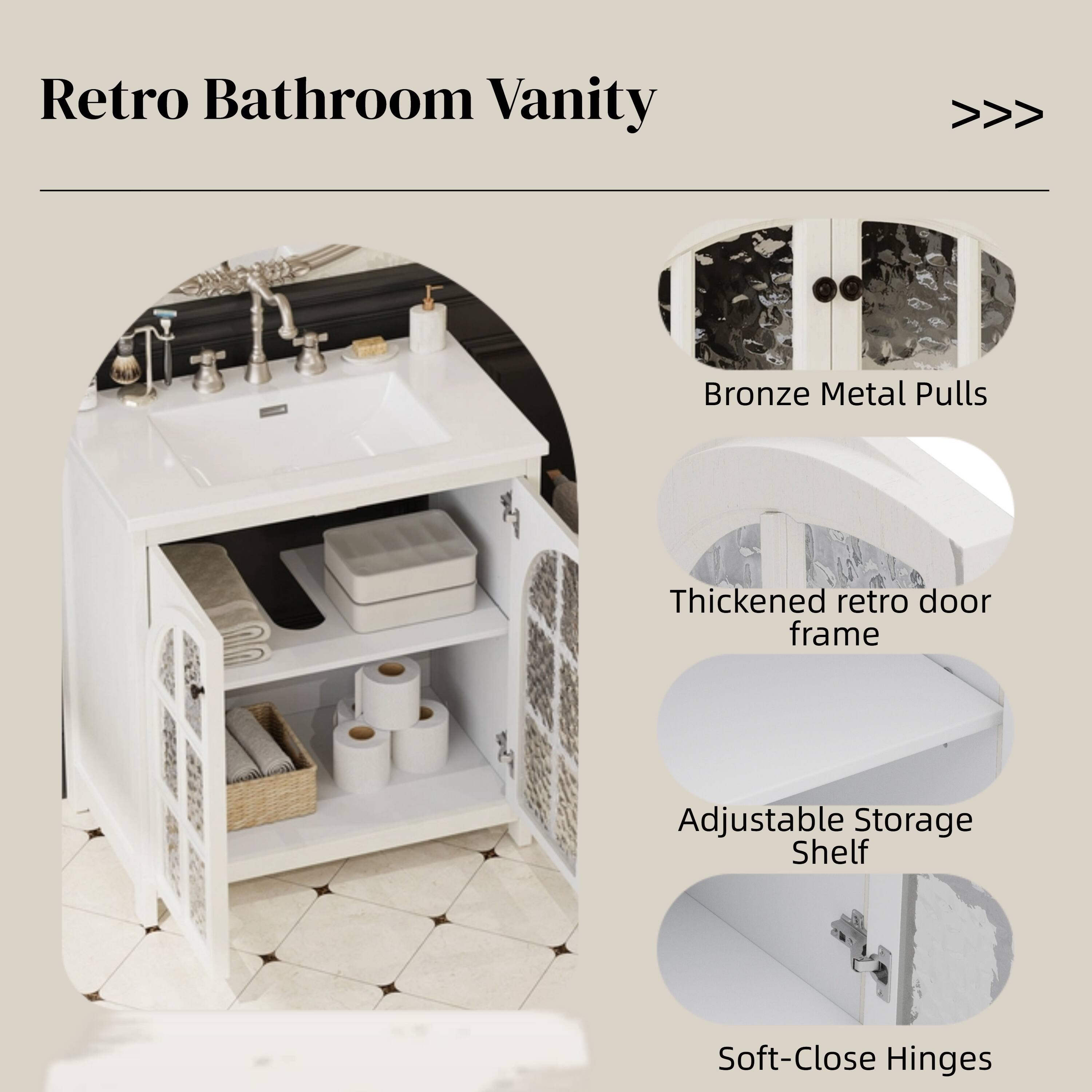 Retro Bathroom Vanity

- Bronze Metal Pulls
- Thickened retro door frame
- Adjustable Storage Shelf
- Soft-Close Hinges