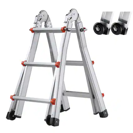 Front. VEVOR - Telescoping Ladder A Frame, 9.5 FT Compact Aluminum Extension Ladder, Multi-Function Portable Collapsible RV Ladder - Silver.