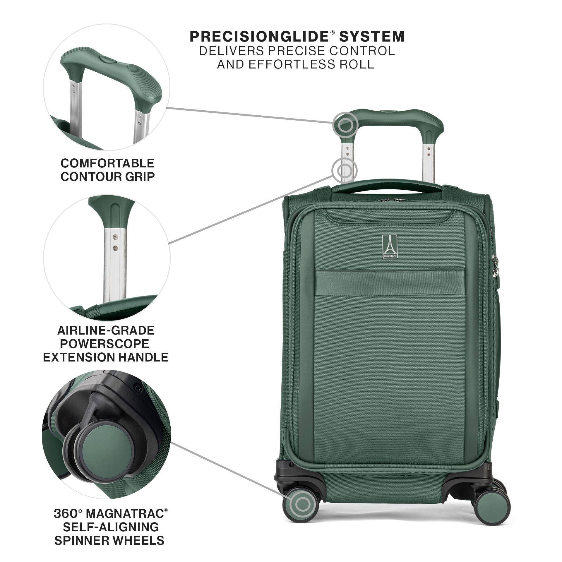 PRECISIONGLIDE SYSTEM DELIVERS PRECISE CONTROL AND EFFORTLESS ROLL

COMFORTABLE CONTOUR GRIP

AIRLINE-GRADE POWERSCOPE EXTENSION HANDLE

360° MAGNATRAC SELF-ALIGNING SPINNER WHEELS