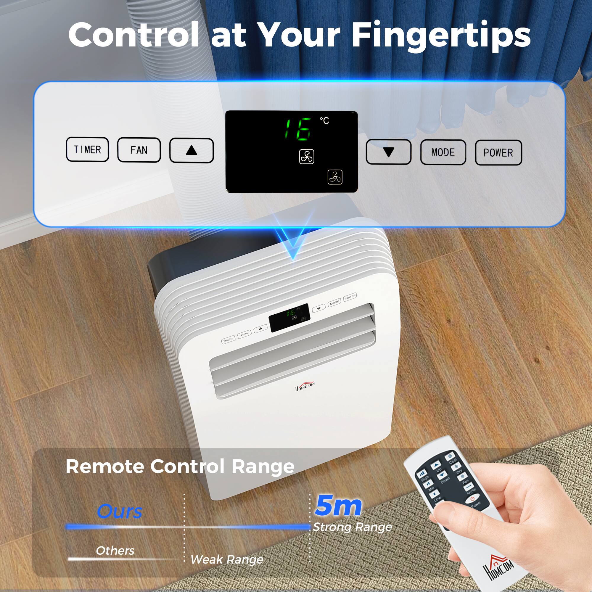 Control at Your Fingertips

TIMER FAN

16°C

MODE POWER

Remote Control Range

Ours 5m Strong Range

Others Weak Range

HOMCOM