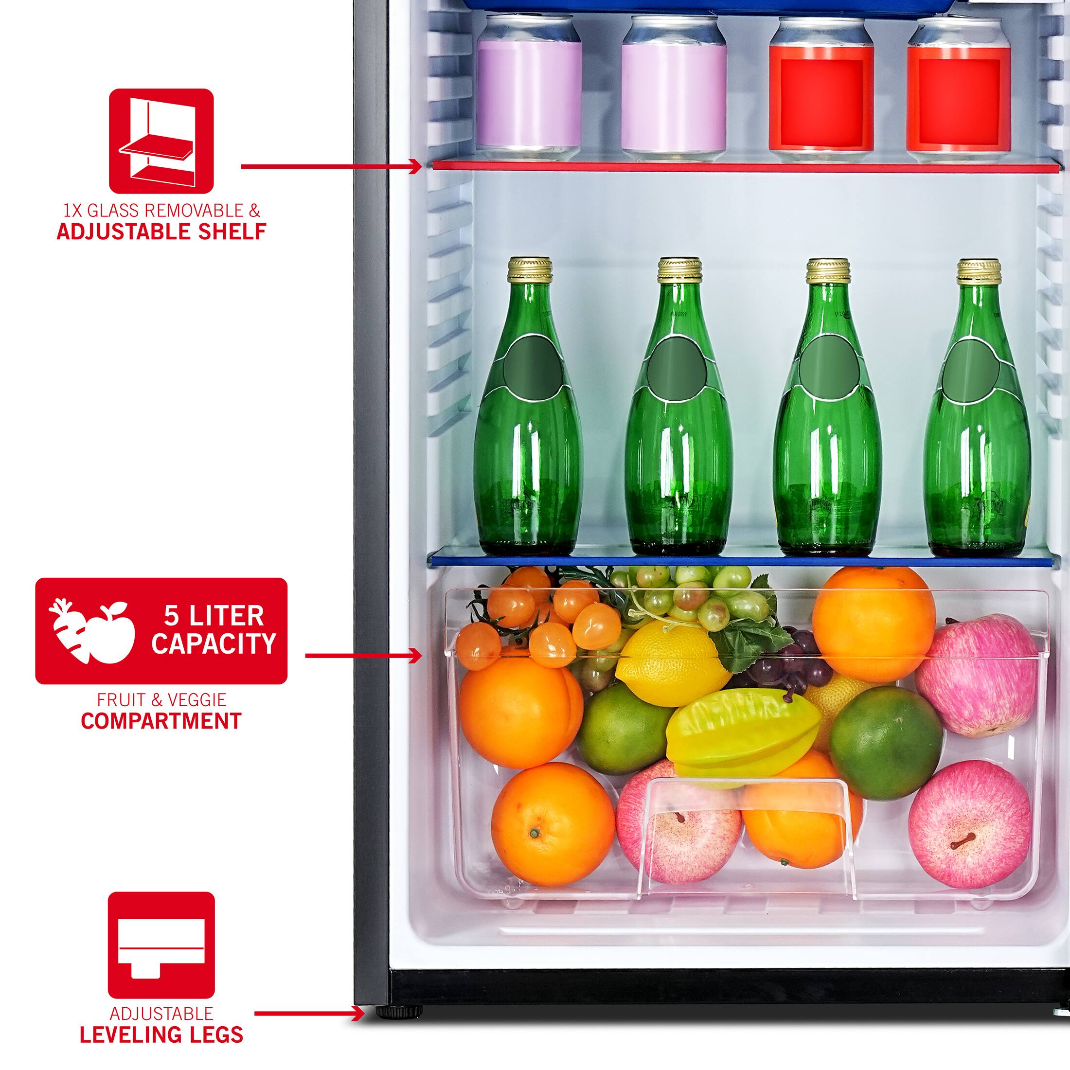 1X GLASS REMOVABLE & ADJUSTABLE SHELF  
5 LITER CAPACITY  
FRUIT & VEGGIE COMPARTMENT  
ADJUSTABLE LEVELING LEGS