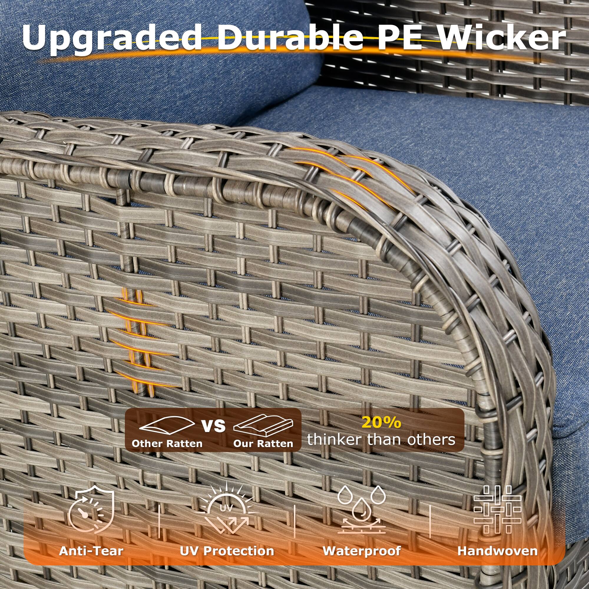 Upgraded Durable PE Wicker

VS

Other Ratten

Our Ratten

20% thicker than others

Anti-Tear

UV Protection

Waterproof

Handwoven