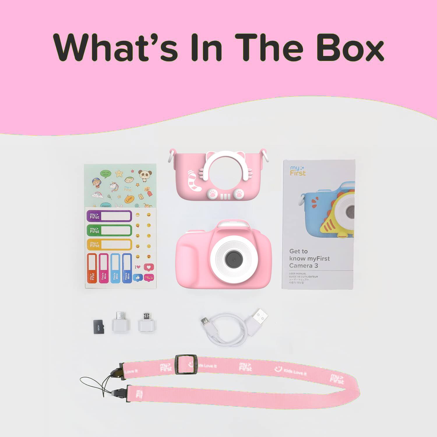 What's In The Box: my First Camera, Purse, and Accessories. Get to know myFirst Camera, 3D, and more.