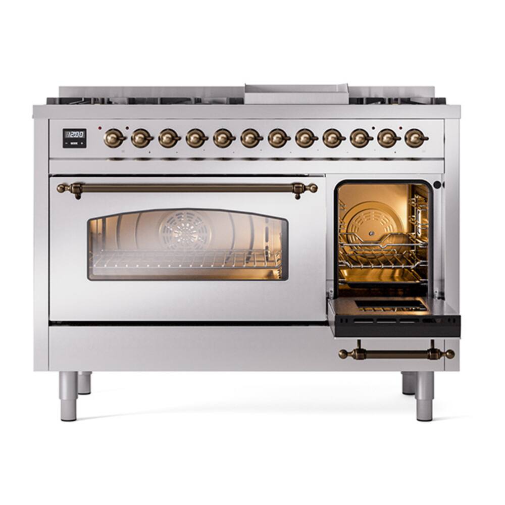 Alt View 6. ILVE - ILVE Nostalgie II Series 48 in. Dual Fuel Range with 8 Sealed Burners + Griddle (Natural Gas, Burnished Trim) - Stainless Steel.