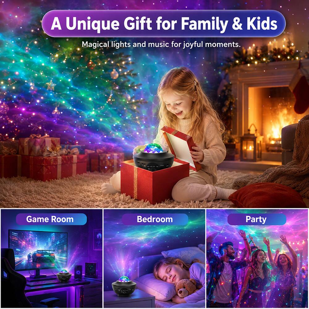 A Unique Gift for Family & Kids  
Magical lights and music for joyful moments.  

Game Room  
Bedroom  
Party