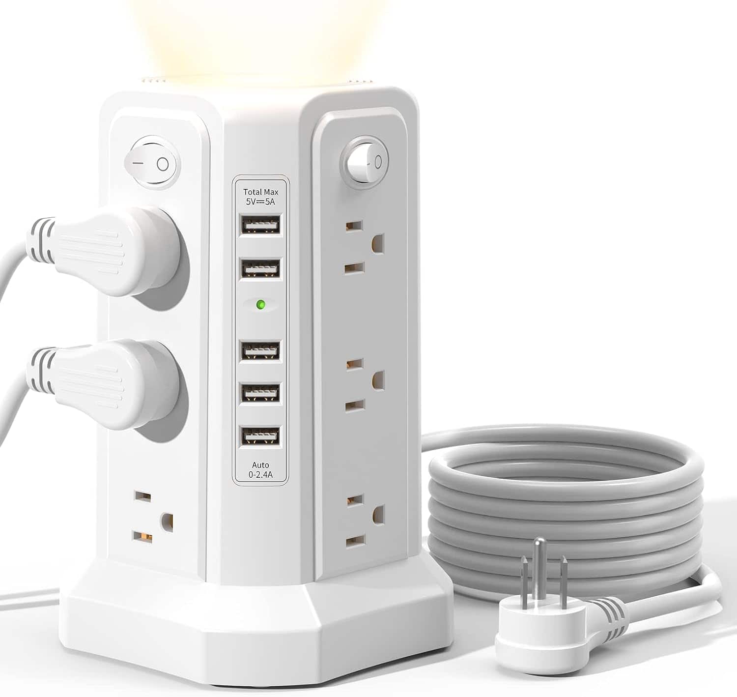 Dazzed Corner - Surge Protector Power Strip Tower, 10FT Extension Cord - White