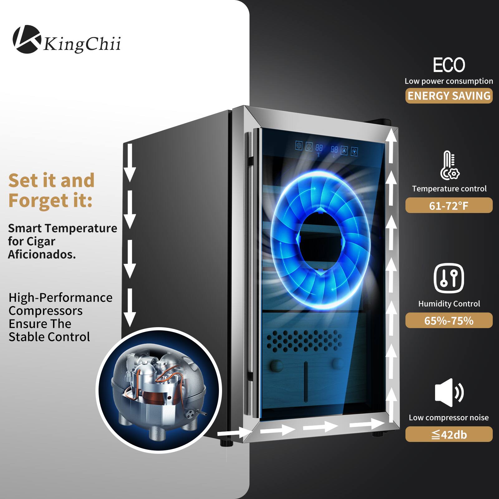KingChii

Set it and Forget it: Smart Temperature for Cigar Aficionados.

High-Performance Compressors Ensure The Stable Control

ECO Low power consumption ENERGY SAVING

Temperature control 61-72°F

Humidity Control 65%-75%

Low compressor noise ≤42db