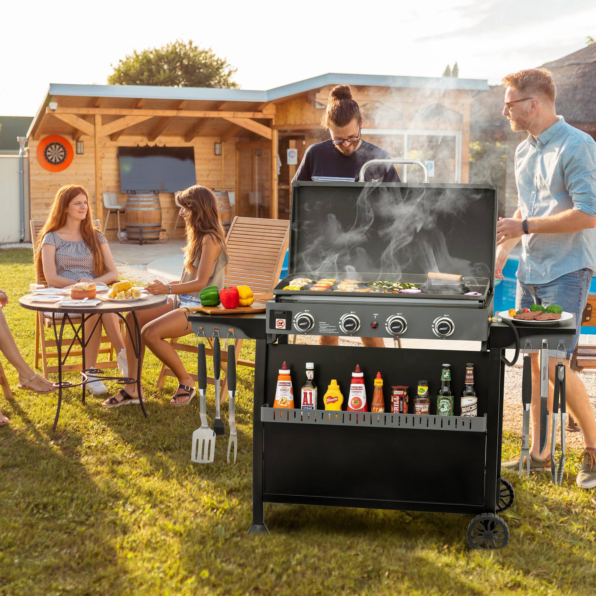 Angle. GlowWise - 4-Burner Propane Flat Top Griddle w/ Removable Cart & Hood, Convertible to Tabletop for Camping, Backyard - Blank.