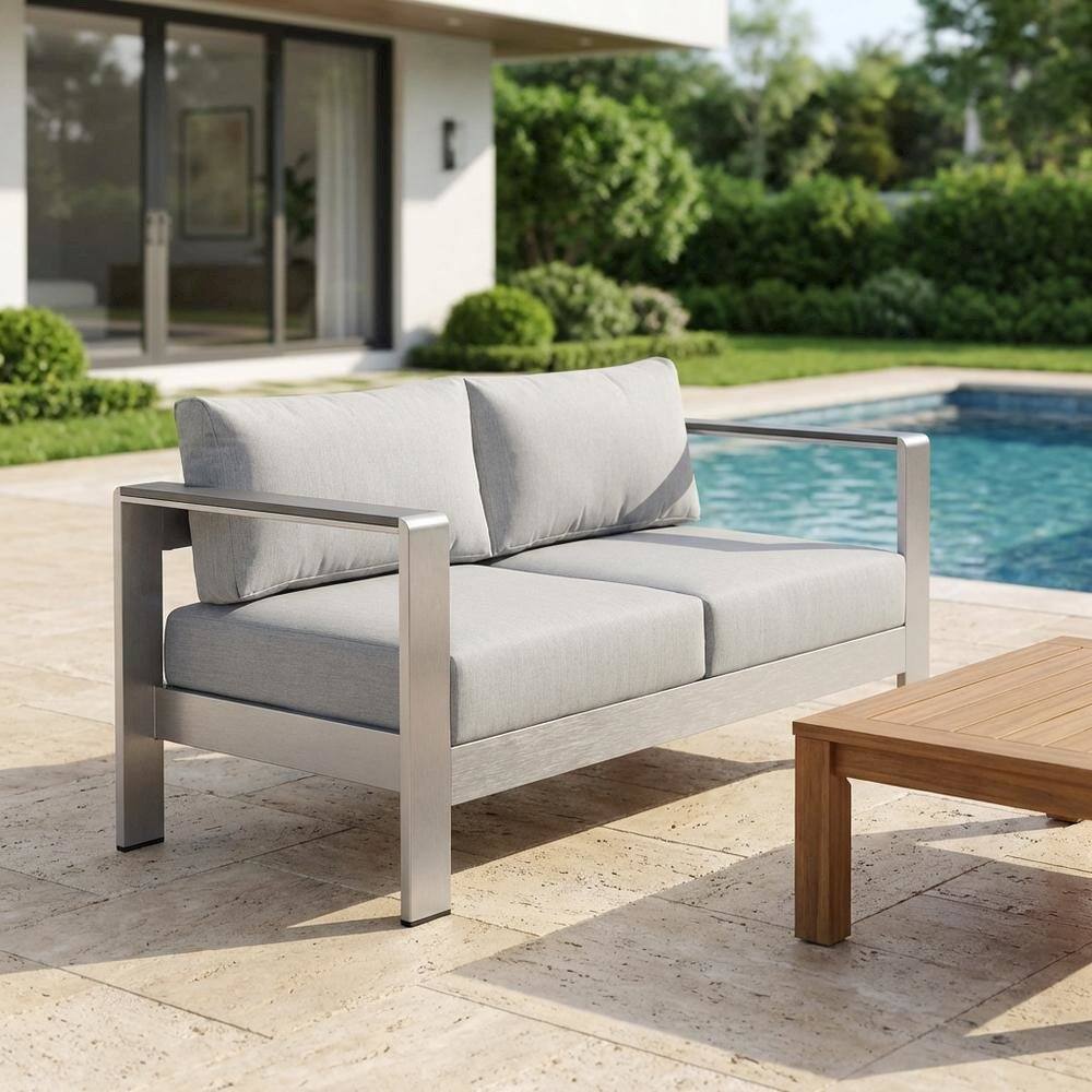 Left. Outdoor Escape - Aluminum Outdoor Loveseat With Sunbrella Fabric Cushions For Patio Relaxation - Gray.