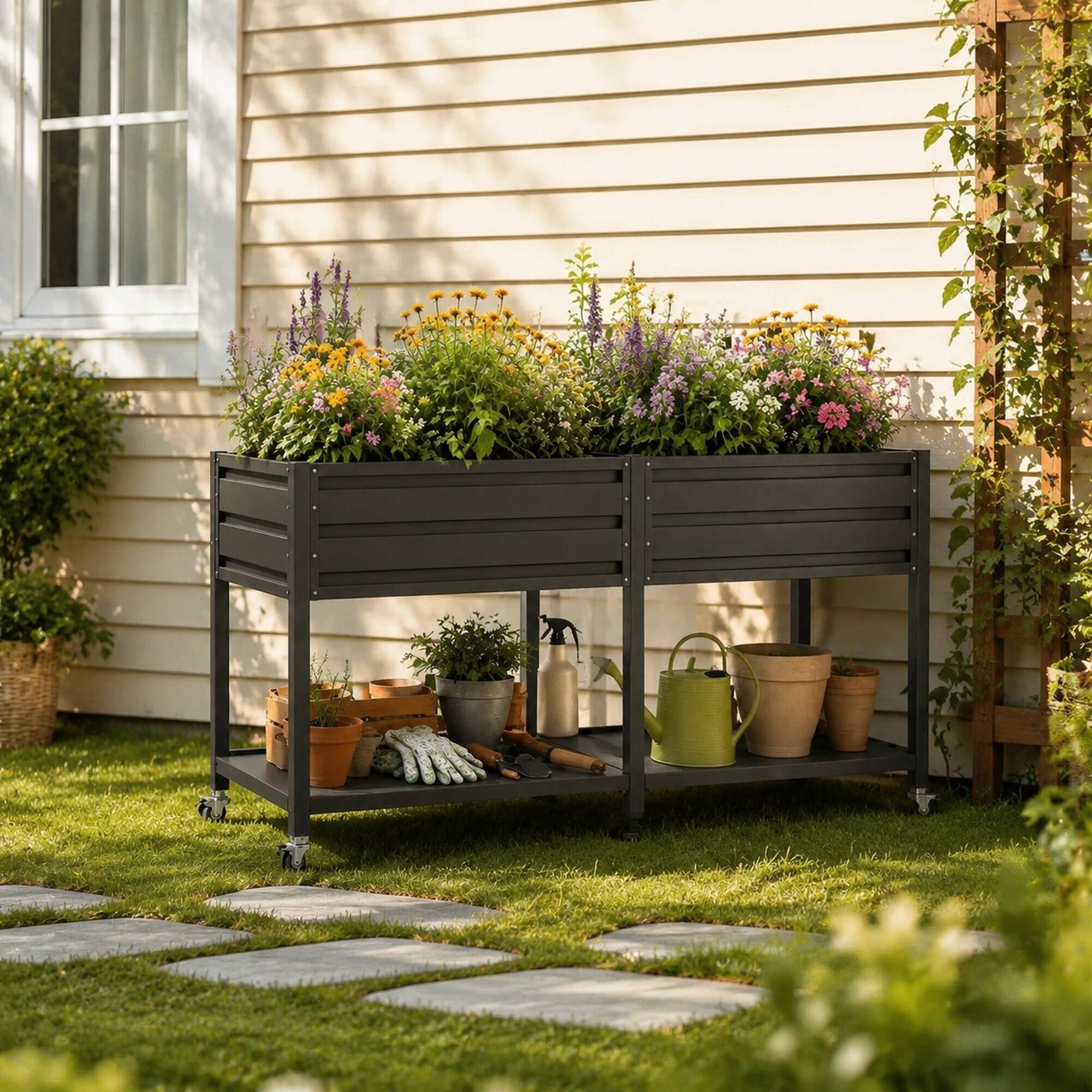 Angle. RYHNUYNE - 2-Tier Elevated Metal Wicking Garden Bed with Lockable Wheels & Storage Shelf, Dark Gray Self-Watering Planter - Grey.