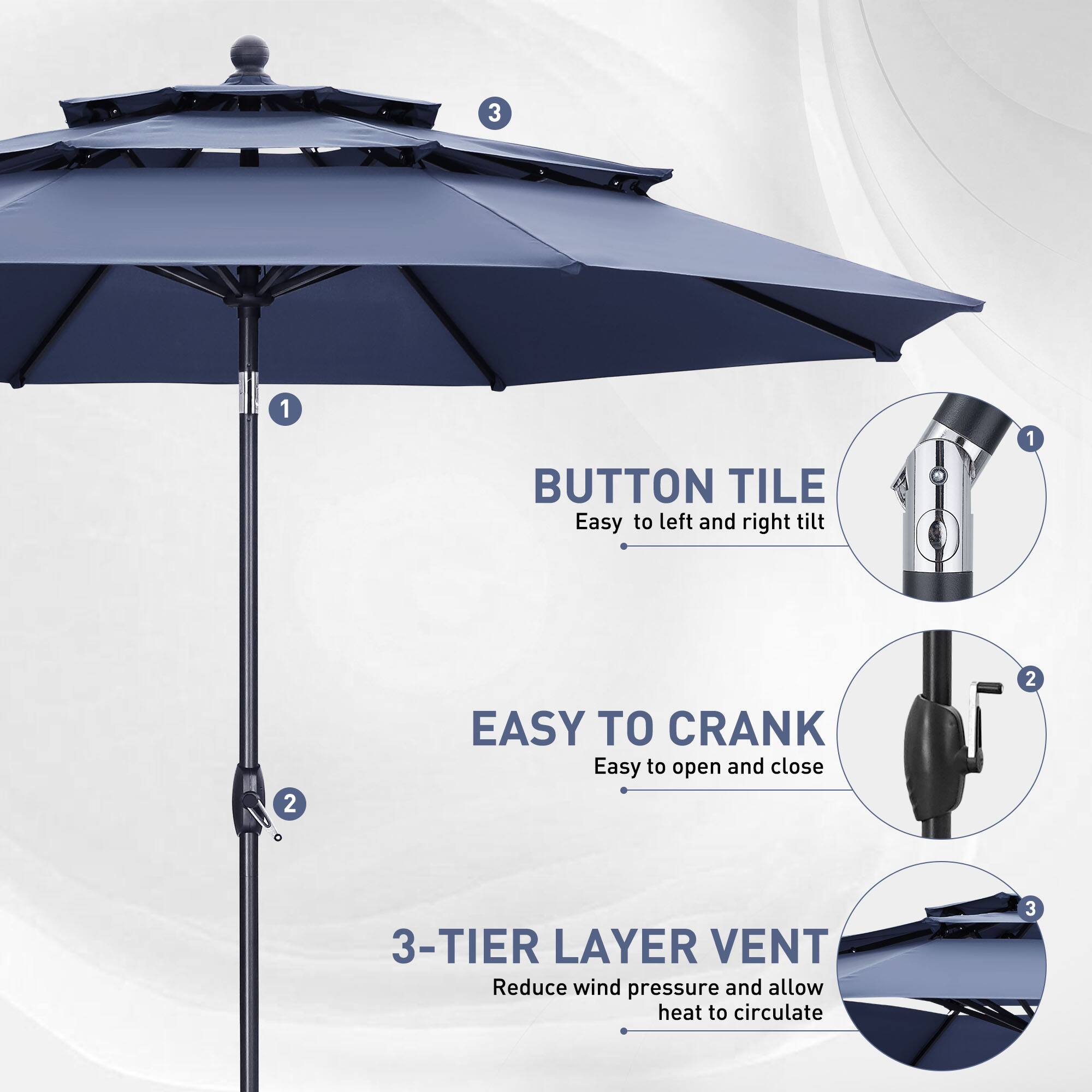 1. BUTTON TILE  
   Easy to left and right tilt

2. EASY TO CRANK  
   Easy to open and close

3. 3-TIER LAYER VENT  
   Reduce wind pressure and allow heat to circulate