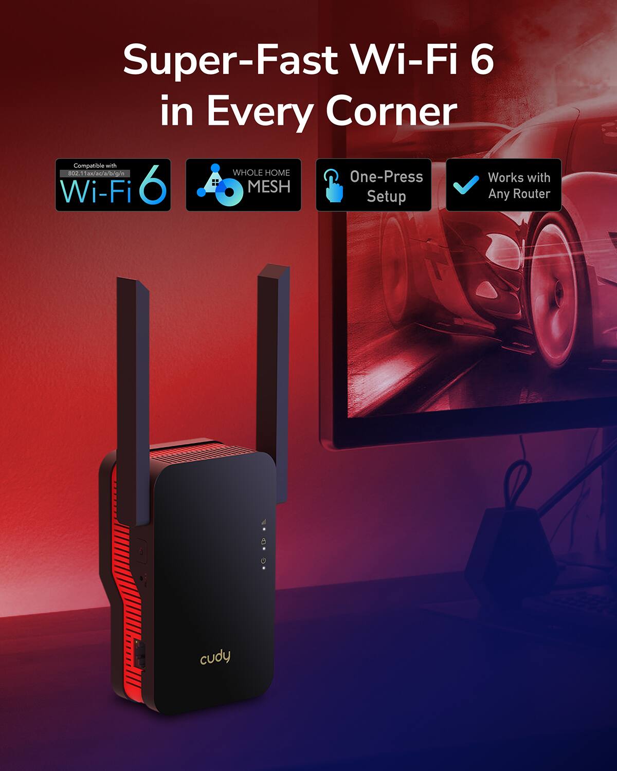 Super-Fast Wi-Fi 6 in Every Corner Compatible with 002.11ax/ac/a/a/g/n WHOLE HOME One-Press Works with Wi-Fi 6 MESH Setup Any Router cudy